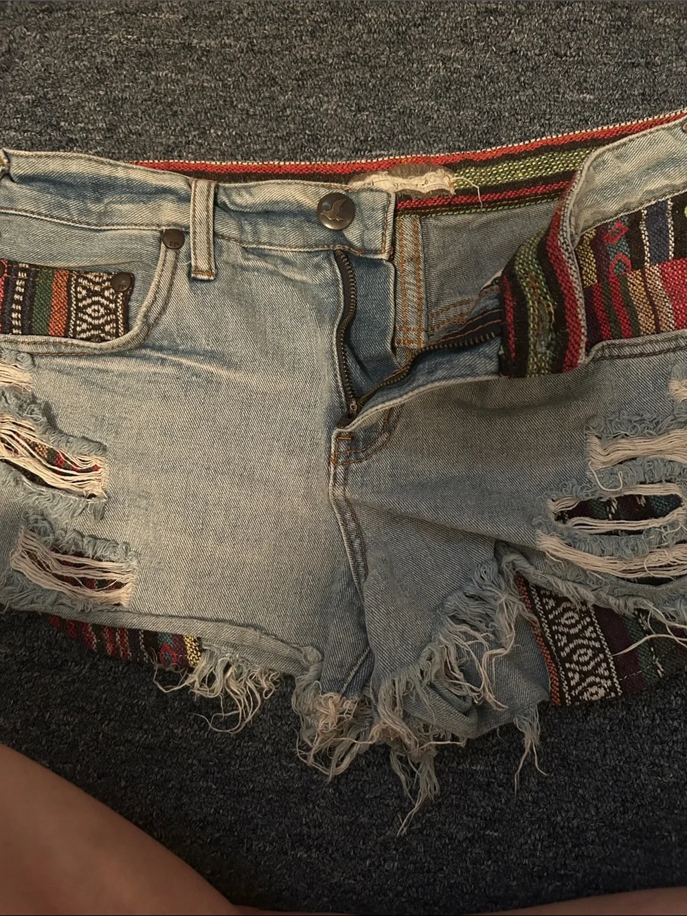 Free People FP Distressed Aztec Inset Denim Shorts Boho Festival Size 28